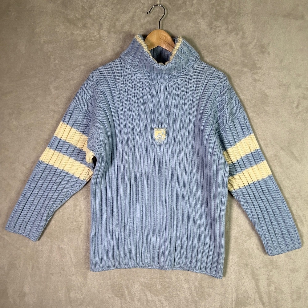 RARE Vintage Italian Wool Turtleneck Sweater Blue Ribbed Ski Alpine Stripe Crest